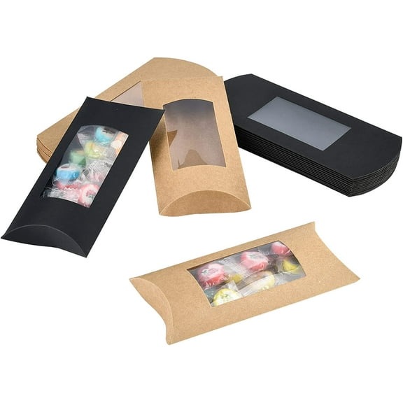 1set 30pcs Pillow boxes with Clear Window Kraft Paper Gift boxes 3x6.3x1 inch / 7.8x16x2.5cm Party Favor boxes for Anniversary Birthday Bridal Shower Thanksgiving Day Christmas