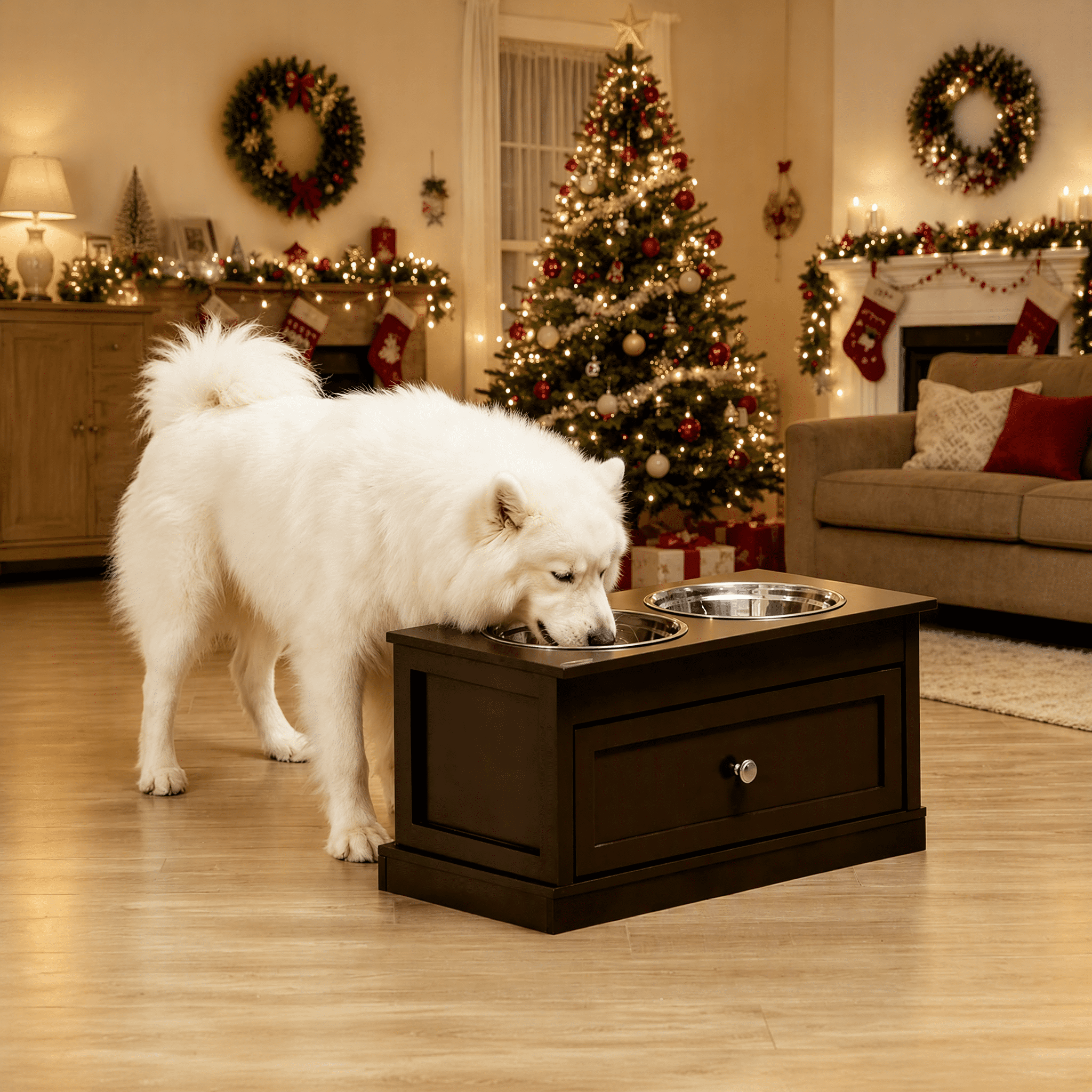 Elevated Dog Bowls with Storage Drawer, Raised Pet Feeder Station with Dishwasher Safe Stainless Steel Bowls, Modern MDF Feeding Stand in Espresso Brown for Large Dogs