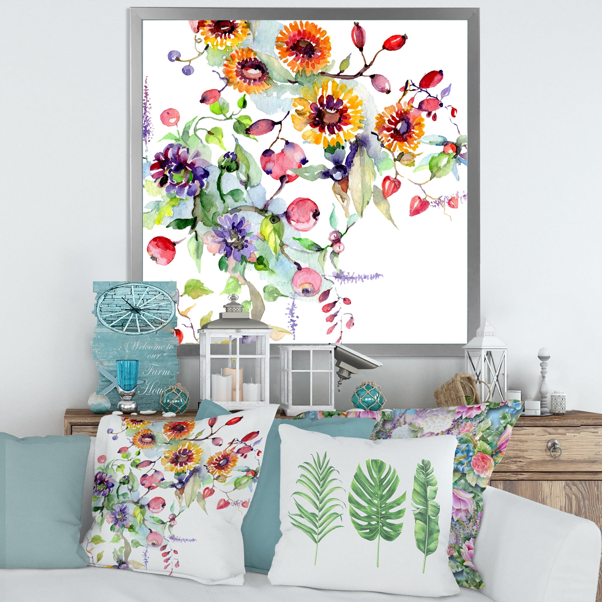 Wildflowers and Vibrant Wild Spring Leaves XI 36 in x 36 in Framed Painting Canvas Art Print, by Designart