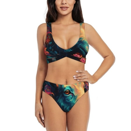 Zeuib Colorful Flower Goat High Waisted Tummy Control Bikini Set - Knot Front Push Up Top & Cheeky Thong Bottom  Two-Piece Swimsuit for Women-XX-Large