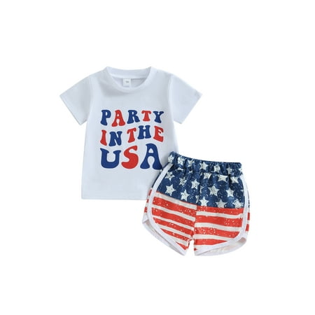 

Qtinghua 4th of July Infant Baby Boy Outfit Letter Print Short Sleeve T-Shirt Stars and Stripes Shorts Summer Clothes White 12-18 Months