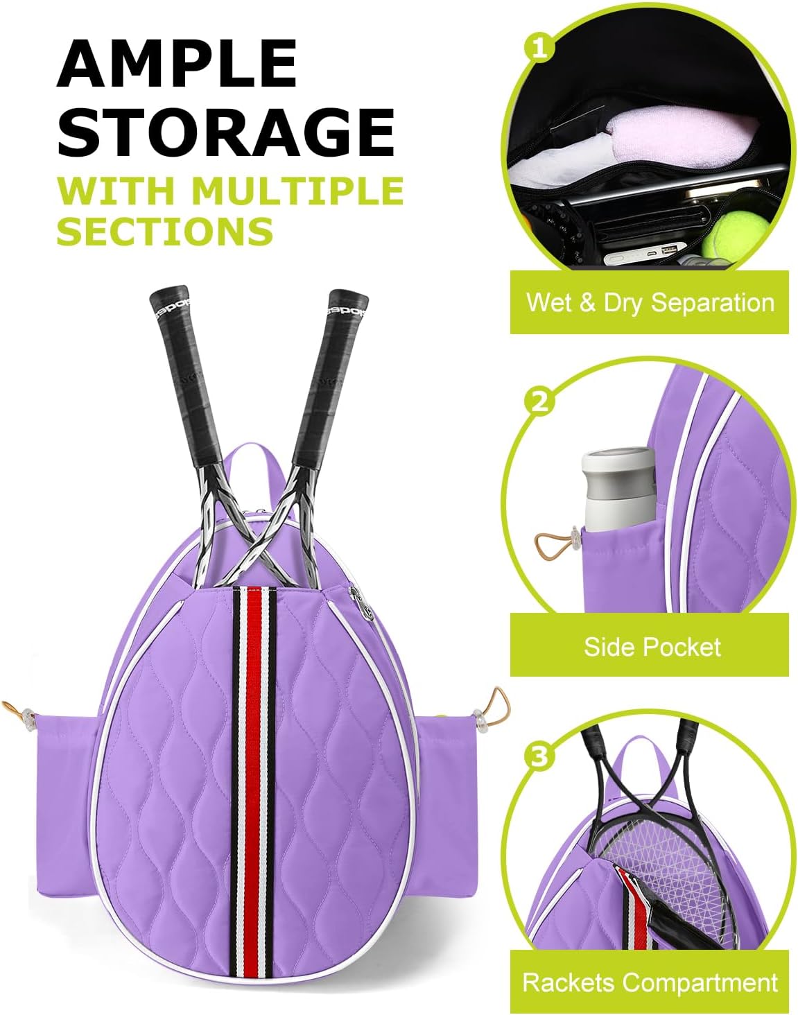 17in Tennis Backpack for 2 Rackets & Gear, Sports Bag with Wet/Dry Compartment, Unisex Backpack for Men and Women, Ideal Gift for Tennis & Pickleball