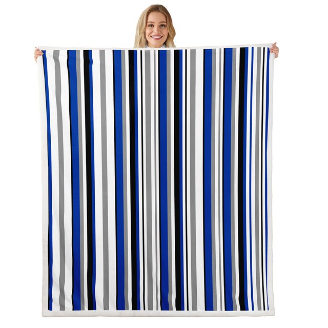 Erosebridal Geometric Lines Throw Blanket for Couch 90x90, Blue Gray White Black Stripes Plush Blanket, Abstract Bedroom Decor