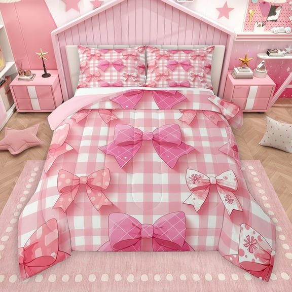 Manfei Cartoon Abstract Bowknot Bedding Comforter Set for Girls, Kawaii Buffalo Plaid Twin Comforter Sets, Fairy Tale Reversible Bedding Set, Luxury Bedroom Decor, 2pcs
