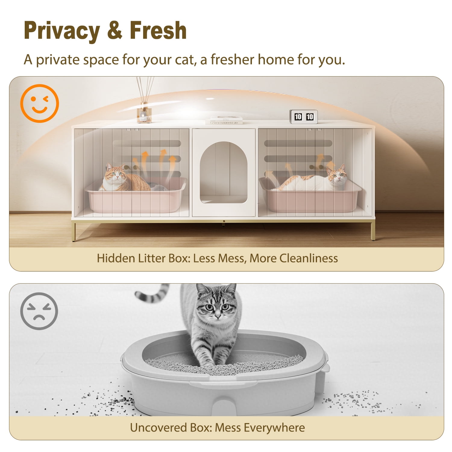 Cat Litter Box Enclosure for 2 Cats, Litter Box Furniture with Double Room, Central Entry, and Dual Use as TV Stand for Living Room, White (Elevated Version)