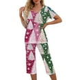 thumbnail image 1 of Puntoco Conjuntos de pijama cómodos para mujer, conjunto de pijama con top de manga corta con botones y cuello redondo con estampado navideño y pantalón con bolsillos y cintura elástica, 1 of 4
