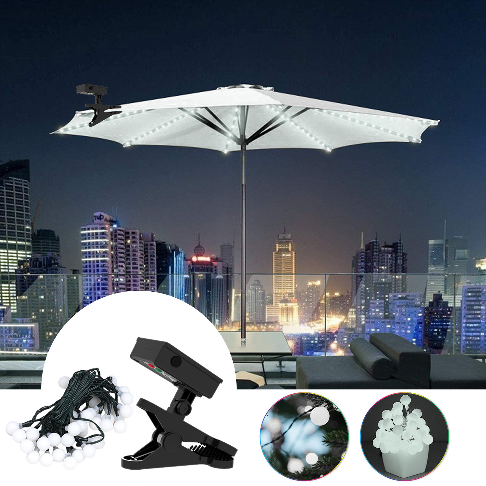 Shldybc Solar Patio Umbrella Lights Cordless Parasol String Lights with Clip Umbrella Pole Light