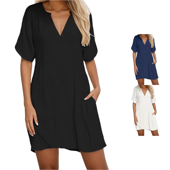 ANINEO Dresses For Women Beach V-Neck Loose Tiered Cover Up With Pockets Casual Vacation For Pool And Holidays Solid Color Short Sleeve Birthday Dress