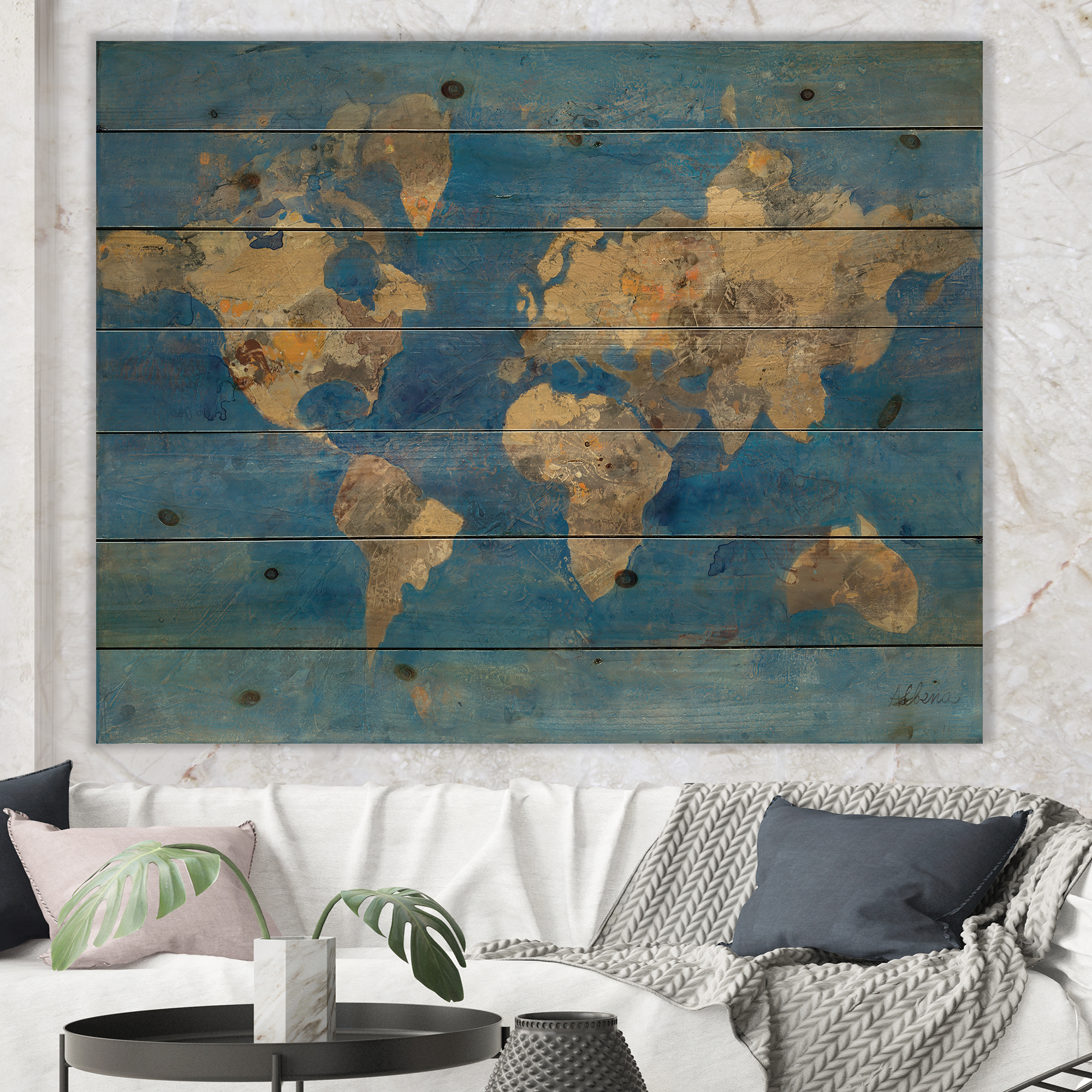 Designart 'Golden Blue World Map' Glam Print on Natural Pine Wood