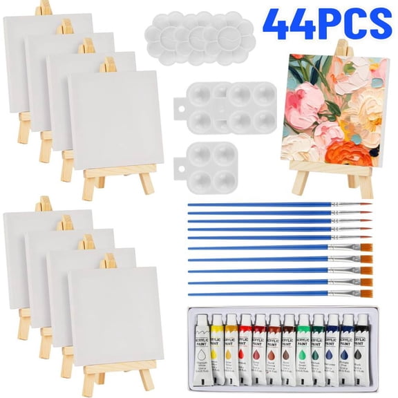 44 Pcs Mini Canvas and Easel, Small Canvas Painting Set Includes 4 x 4 Inches Canvases, Paint Brushes, Paint Palette and Acrylfarben, Wooden Mini Easels with Art Canvases