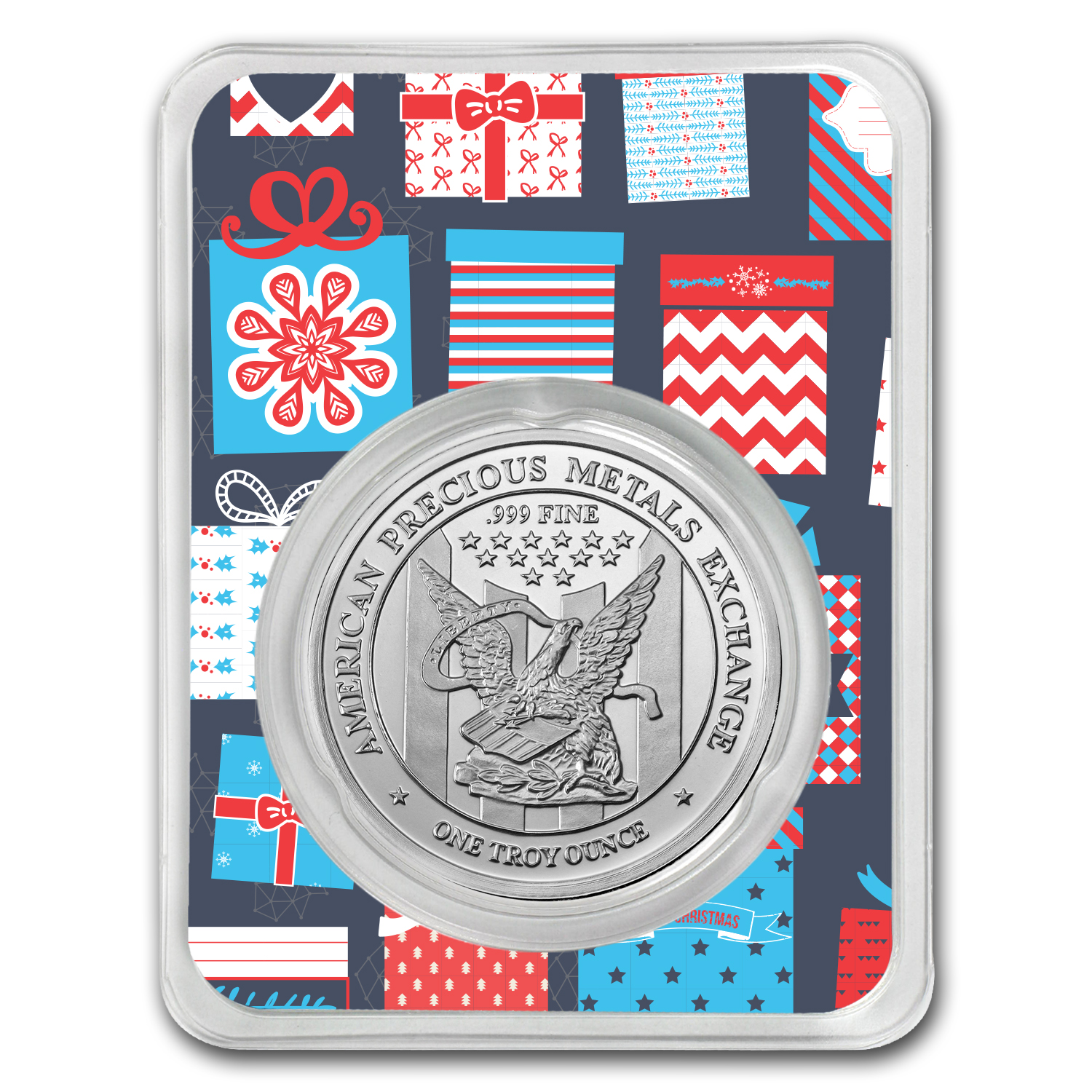 1 oz Silver Round - APMEX (w/Blue Christmas Present Card, In TEP)