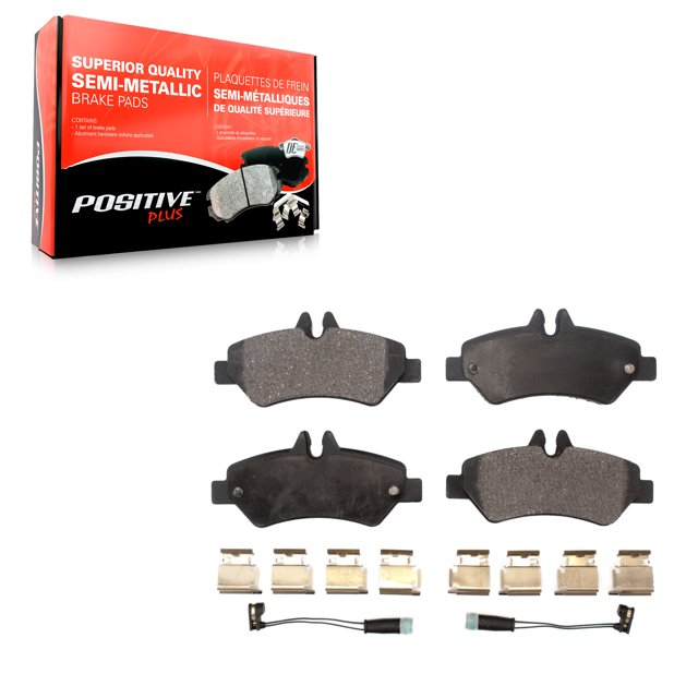 Positive Plus Rear Semi-Metallic Disc Brake Pads PPF-D1317A for Mercedes-Benz Sprinter 2500, 3500, Dodge, and Freightliner vehicles. The image shows a complete set of rear brake pads, including four semi-metallic pads, hardware clips, and wear sensors. The brake pads feature a high carbon steel alloy construction with anti-rust black paint and a fiber-reinforced multi-layer shim for noise reduction. Packaged in a branded Positive Plus box with red and black design.