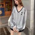 thumbnail image 2 of Real Shot 2024 Korean Style Jersey Style Loose Casual Sweater Women's Lace Stitching Color Contrast Striped Long Sleeve Top, 2 of 5