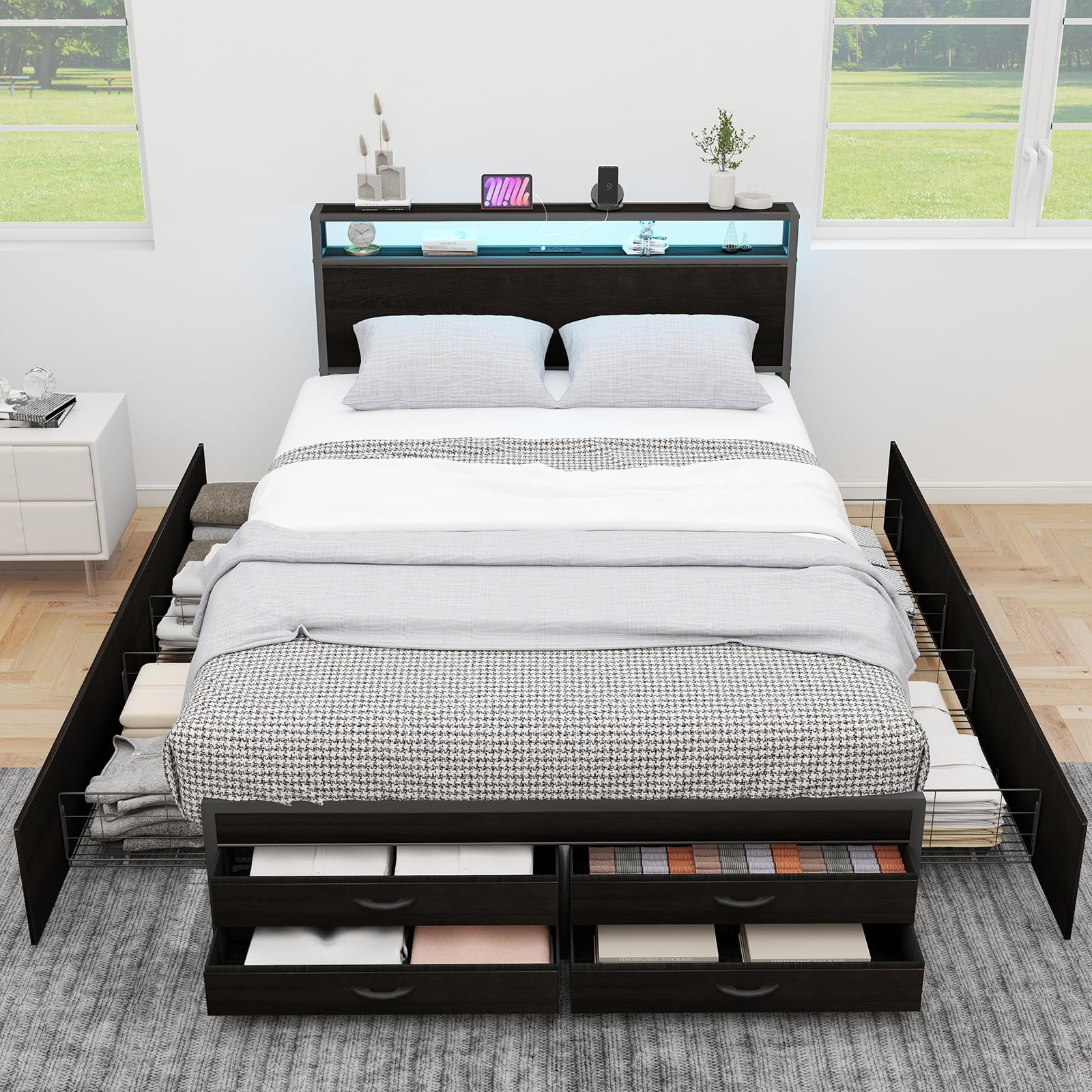 ZIVACATE Queen Bed Frames with Headboard, Queen Size Storage Bed Frame with 8 Drawers, Built-in Charging Ports & Outlets, Adjustable Atmospheric LED Lights, Queen-Size Metal Foundation Beds, Black