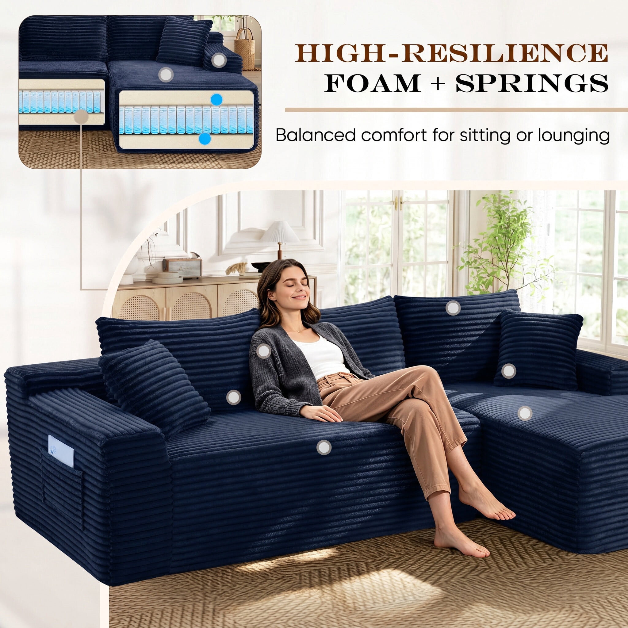 Lunale Small Modular Sectional Sofa with Movable Chaise, L-Shaped Boneless Cloud Couch for Living Room, Blue (Right Facing Chaise)