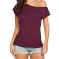thumbnail image 2 of ClodeEU Women's Asymmetrical One Shoulder Short Sleeve T-Shirt,Solid Color Casual Summer Loose Top Wine,Women's Plus XL, 2 of 8