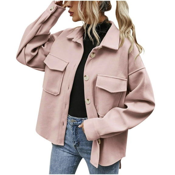JGGSPWM Womens Shacket Jacket Shirts Solid Flat Pocket Long Sleeve Trendy Turndown Collar Buttons Fall Spring Casual Outwear Pink M