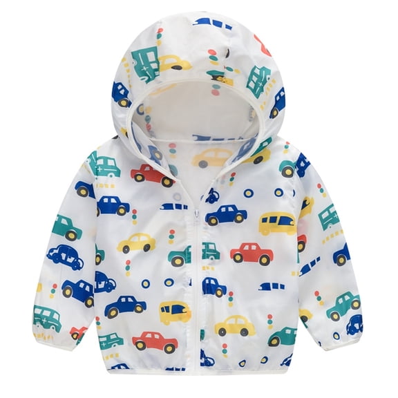 Xfvqtps Kids Children Light Jacket Sun Protection Hoodie Zip up Long Sleeve Car Print Lightweight Foldable Compressible Summer Thin Tops for Camping Hiking Cycling Running 1-8Y White