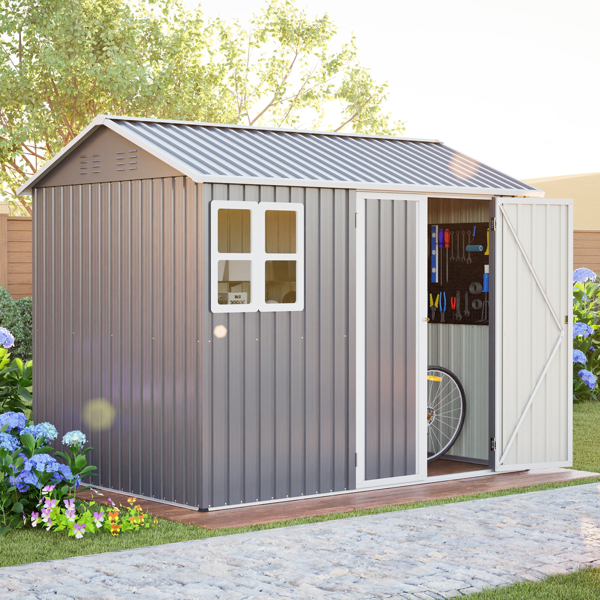 8'x6' Outdoor Storage Shed with Window, Large Metal Garden Shed for Backyard, Lockable Double Doors & Sloped Roof, Heavy Duty Galvanized Steel Tool Shed for Lawn Mower, Bike, Patio - Dark Gray