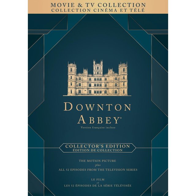 Collection Downton Abbey Movie & TV : Édition de Collection (DVD), Créée par Julian Fellowes. la Couverture Présente une illustration Dorée du Domaine Downton Abbey sur un Fond Bleu Foncé avec des accents Géométriques Dorés. le Texte Met en Valeur l'Inclusion du Film et des 52 Épisodes de la Série Télévisée, avec des descriptions Bilingues Anglais et Français. Produit par Universal.