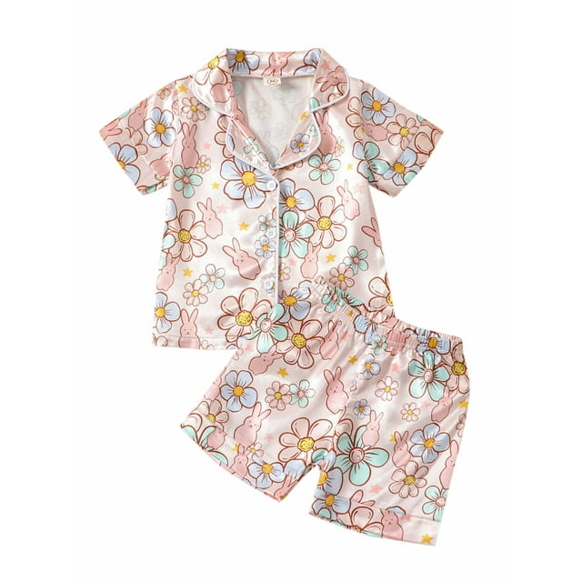 Faithtur 2Pcs Girls Easter Pajamas Set, Short Sleeve Floral Print Button Shirts and Shorts Set Sleepwear