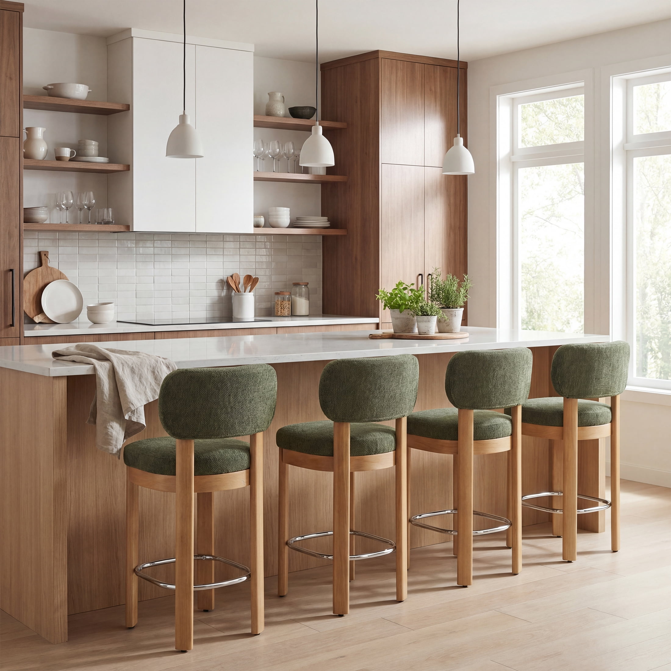 Guyou 26" Bar Stools Set of 4, Modern Chenille Upholstered Counter Height Bar Stools, Farmhouse Armless Bar Chairs with Solid Wood Legs & Padded Back for Kitchen Island/Dining Room Bar, Green