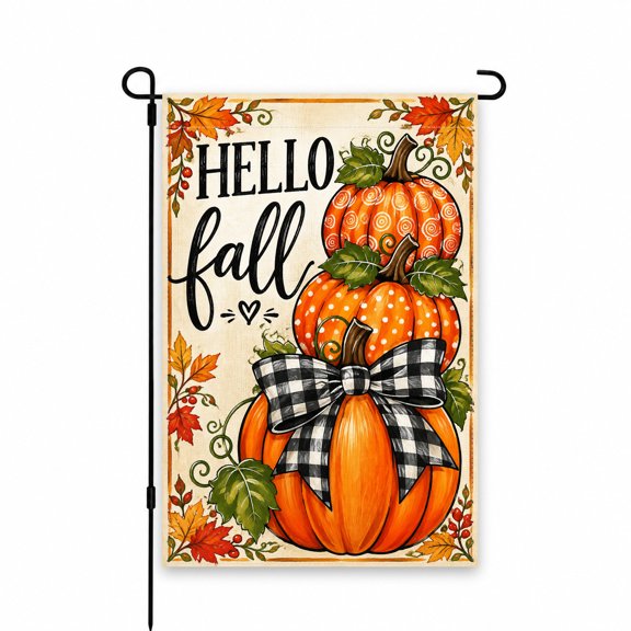 Hello Fall Garden Flag 12 x 18 Inch, Stacked Pumpkins with Plaid Bow and Autumn Leaves, Seasonal Outdoor Decor for Yard, Lawn, Patio, or Porch.