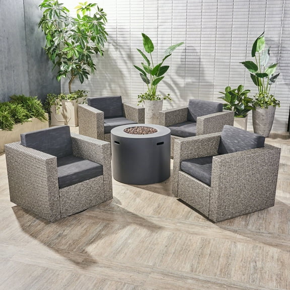 Alec Outdoor 4 Piece Swivel Club Chair Set with Round Fire Pit, Mixed Black