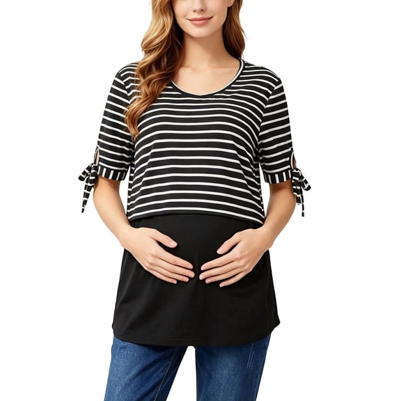 Hxshgdsn Womens Maternity Striped Nursing Top Layered Wrap Front for Easy Breastfeeding Access Loungewear(Black/3XL)