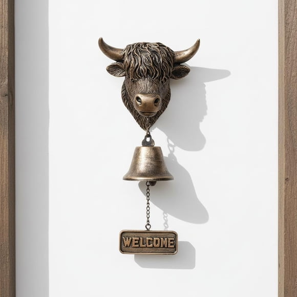 Handmade Highland Cow Welcome Bell Vintage Highland Cow Welcome Door Bell Rustic Wall Mounted Doorbell with Crisp Sound for Home Garden Porch 1 Pc