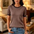 thumbnail image 6 of Women's Lightweight Short Sleeve Sweater Top Business Casual Crew Neck Summer Loose Basic Tops by Yigetop Coffee 2XL, 6 of 6