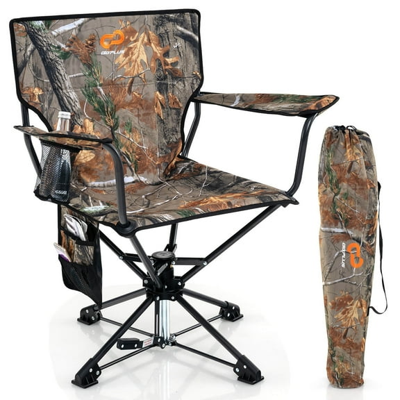 Goplus 360° Swivel Hunting Chair with Mesh Cup Holder & Storage Pockets Cozy Backrest Camo