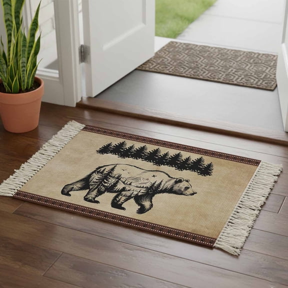 Brown Black Bear Bathroom Rug 2'x3', Farmhouse Cabin Forest Vintage Low Profile Front Entryway Rug with Tassels, Woven Cotton Washable Kitchen Mat Carpet for Foyer Bedroom Back Door Decor