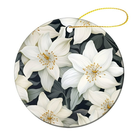 Blooming Delight White Flower Christmas Ceramic Ornament Watercolor Leaves Floral Customized Round Ceramic Ornament for Christmas Tree Decoration Xmas Party Decorations for Family Friend