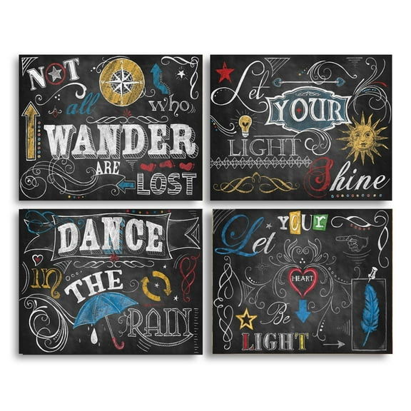 4 Beautiful, Fun Inspirational Chalkboard Style Messages; Four 14X11 Poster Prints