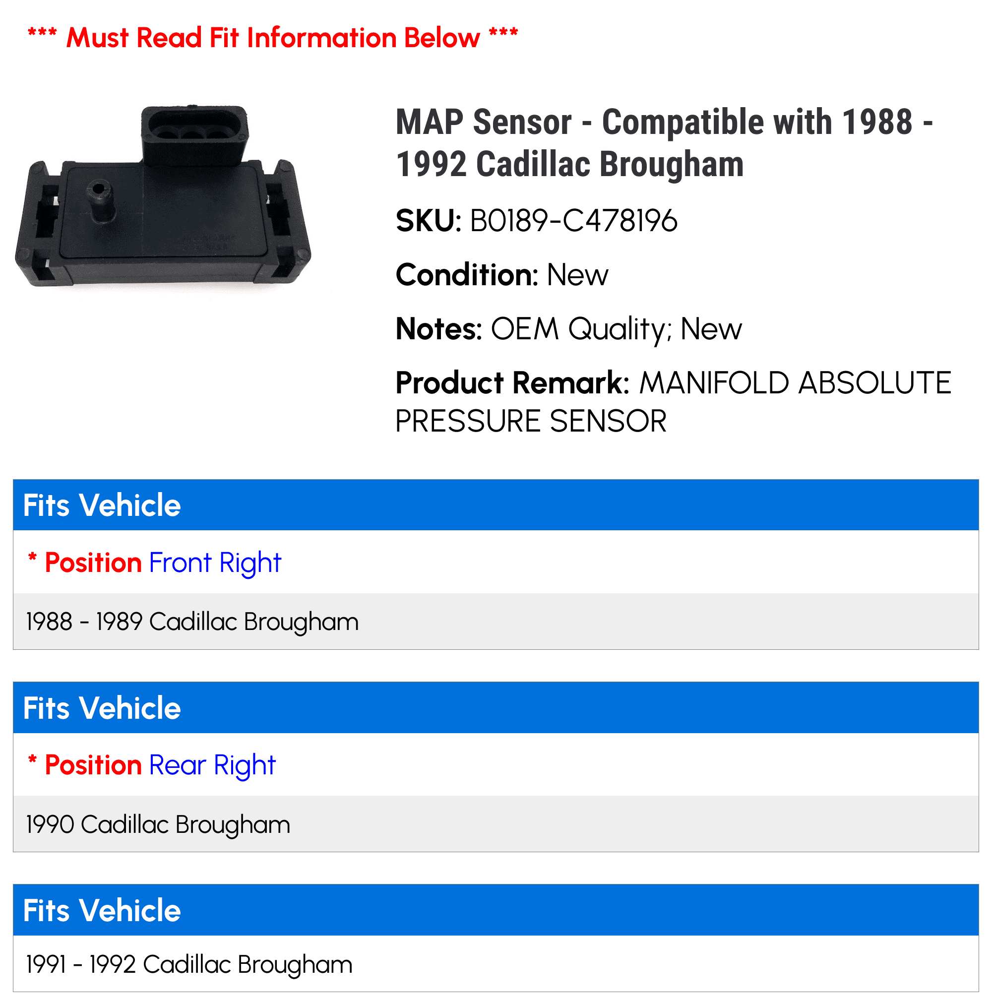 MAP Sensor - Compatible with 1988 - 1992 Cadillac Brougham 1989 1990 1991