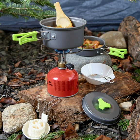 Sparsain 10Pcs Outdoor Cookware Set for 1-2 Person, Camping Pots Pans Bowls Set (Green Handle)