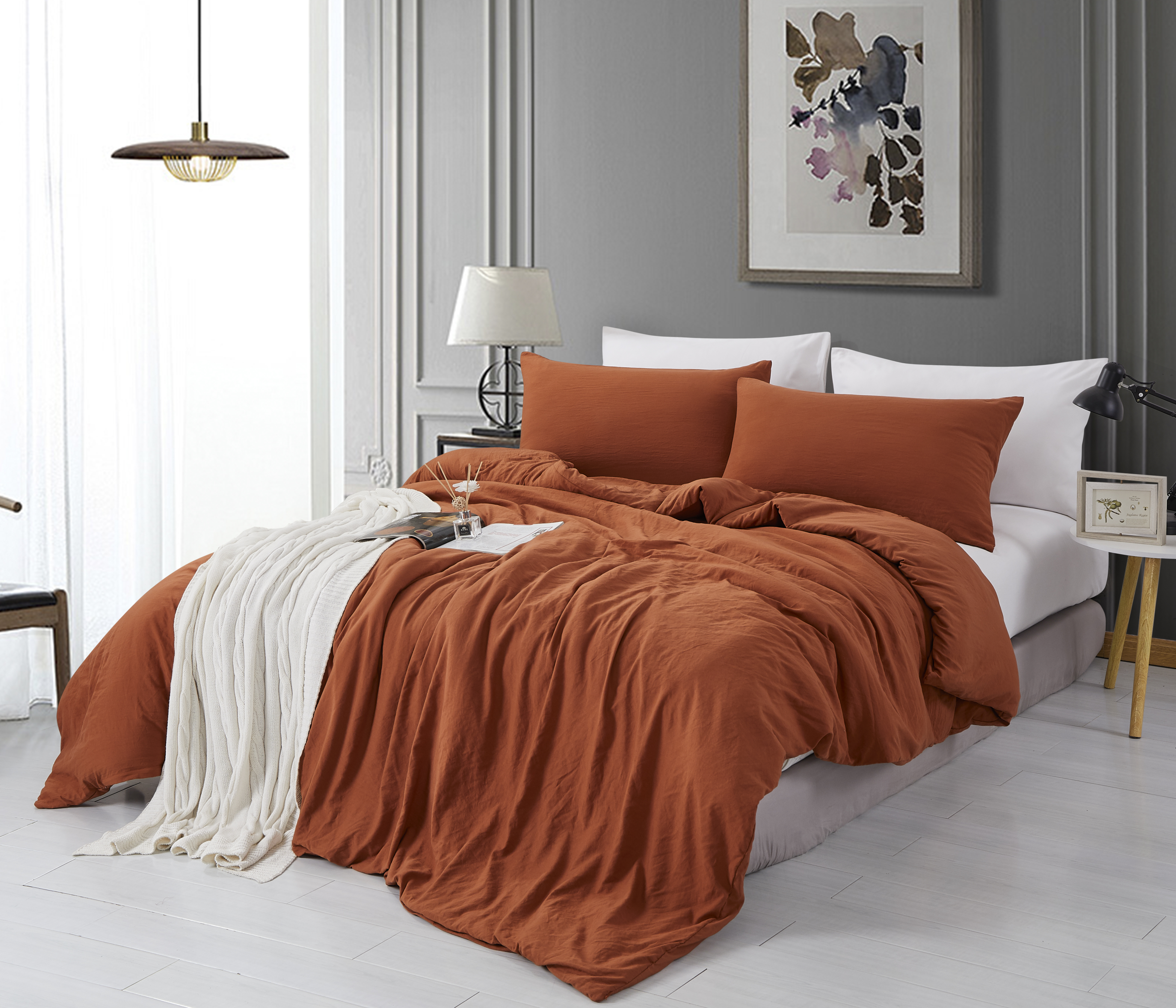 Alazuria Duvet Cover Set Soft Wrinkled Microfiber with zipper and 4 corner ties Clay Terracotta color Queen size ( 90" x 90" )