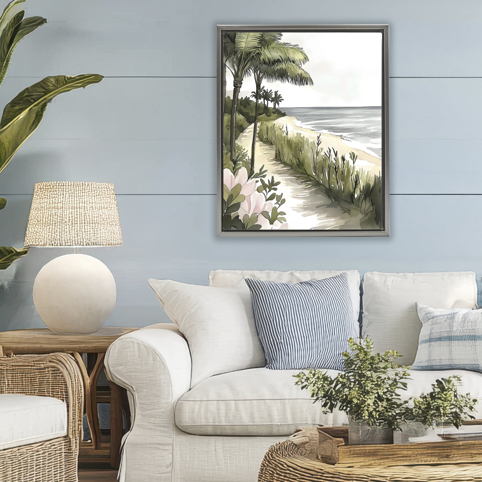 Stupell Industries Coastal Calm Palm Tree Pathway Gray Framed Floater Canvas Wall Art, design by Riley B