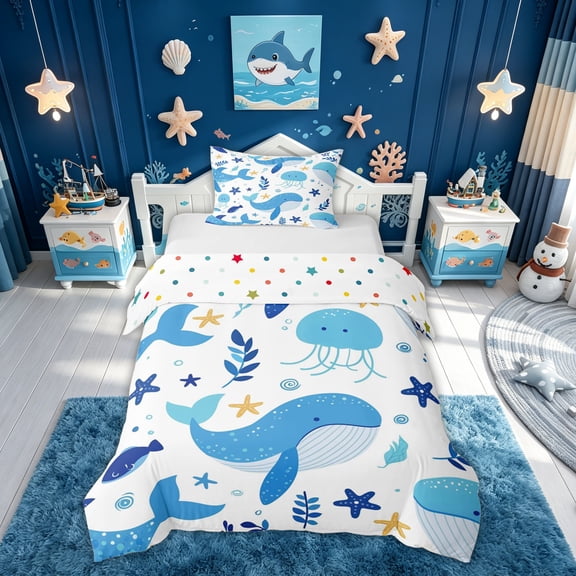 meiyoeat Cute Ocean Jellyfish Star Whale Twin Duvet Cover for Boys Girls, Kawaii Marine Wildlife Twin Bedding, Blue White, Polkadot Reversible, 2-Piece, 1 Duvet Cover and 1 Pillowcase