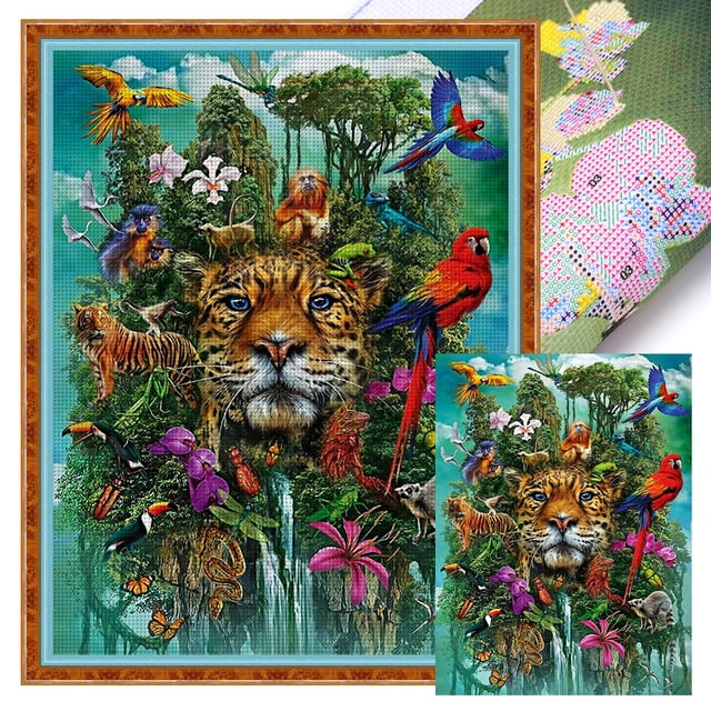 (14CTABB-276__C__ 40x55) Hilo algodón ecológico bordado 14CT 2 hebras impresión 40*55cm kit serie en punto cruz con flores pájaros y tigres