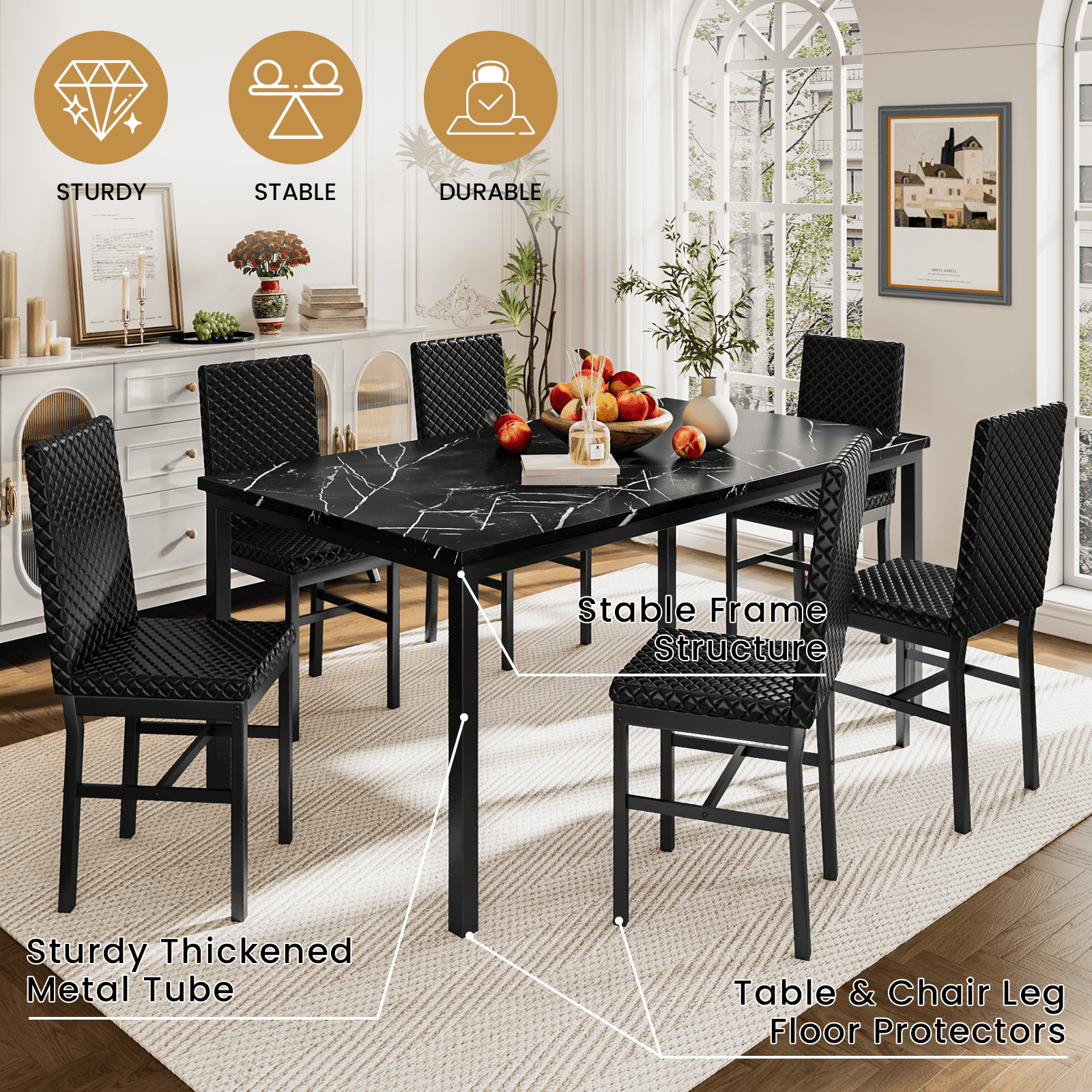 LinkRomat 7-Piece Modern Dining Table Set for 6, Faux Marble Table with PU Leather Chairs, Black