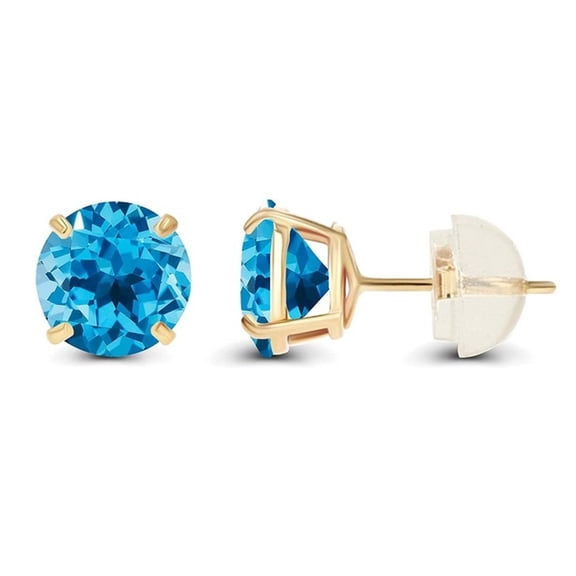 14k Yellow Gold Push Back Round Plated Blue Topaz Stud Earrings 4MM by Paris Jewelry