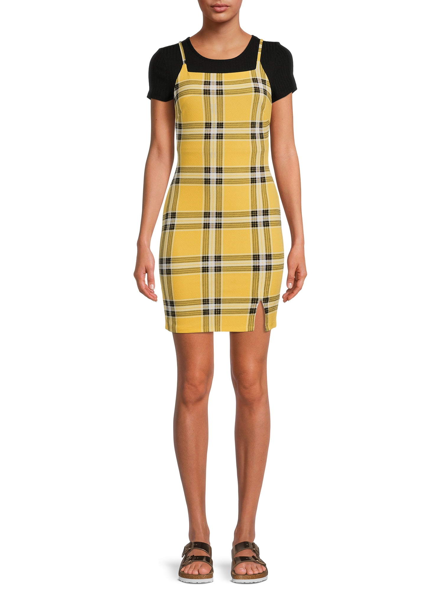 No Boundaries Juniors' Plaid Dress and Ribbed T-Shirt, 2-Piece Set, Size: Large