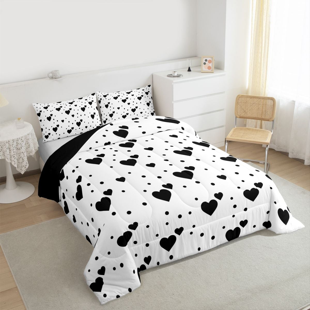 Feelyou Romantic Love Heart Full Size Comforter Sets, White Black Bedding Comforter Set, Teesn Kids Girls Women Reversible Bedding Sets, Lightweight Room Decor, 3 Pieces