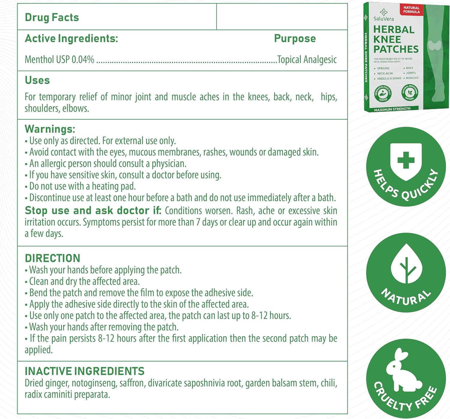 SaluVera Pain Relief Patches, Warming Herbal Plaster Pain Patches, Knee Pain Relief Patch, Knee Patches For Pain Relief Bone on Bone Extra Strength,12 Hour Long Lasting Relief of Joint Pain, 12 Count