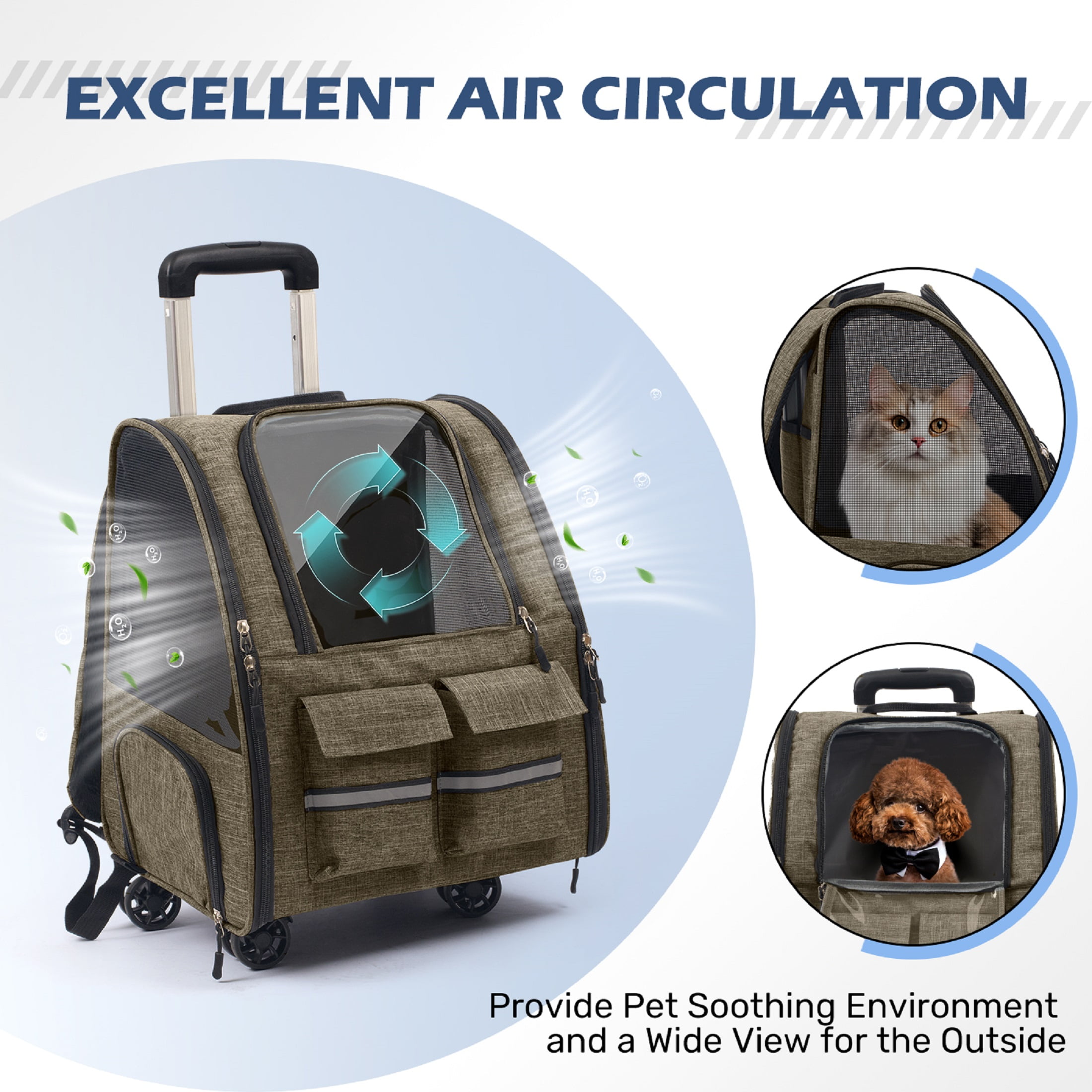 Portable and Breathable Pet Trolley Case Large Capacity Pet Air Case Going Out Dog Cat Suitcase, Brown