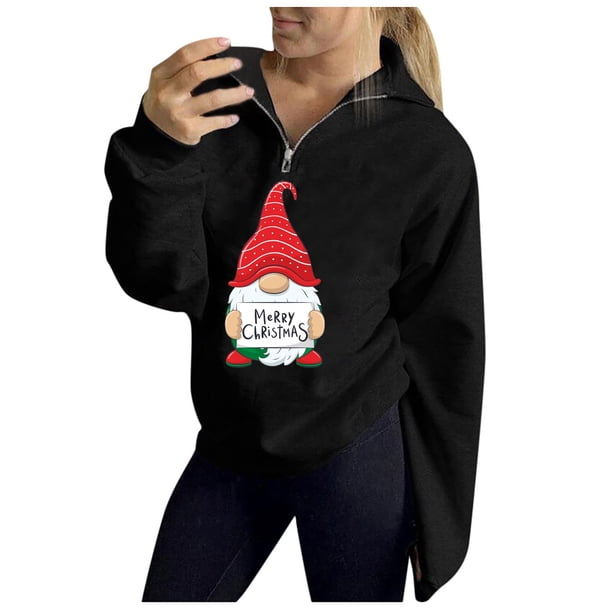 Mujeres Otoño Invierno Estampado de Navidad Cuello en V Cremallera Manga larga Tops Jersey Blusa Sudaderas Fridja fhghd2660