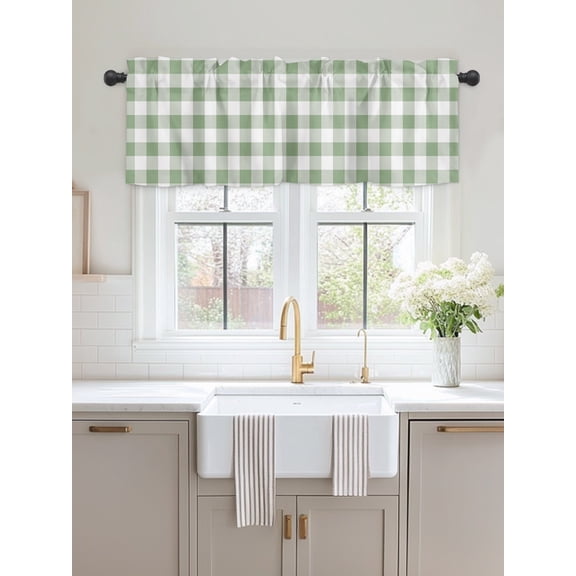 Window Valance Sage Green Buffalo Plaid Kitchen Curtains Short Rod Pocket Valances Country Gingham Check Window Treatment Drapes for Living Room Bedroom Bathroom Decor,54x18in