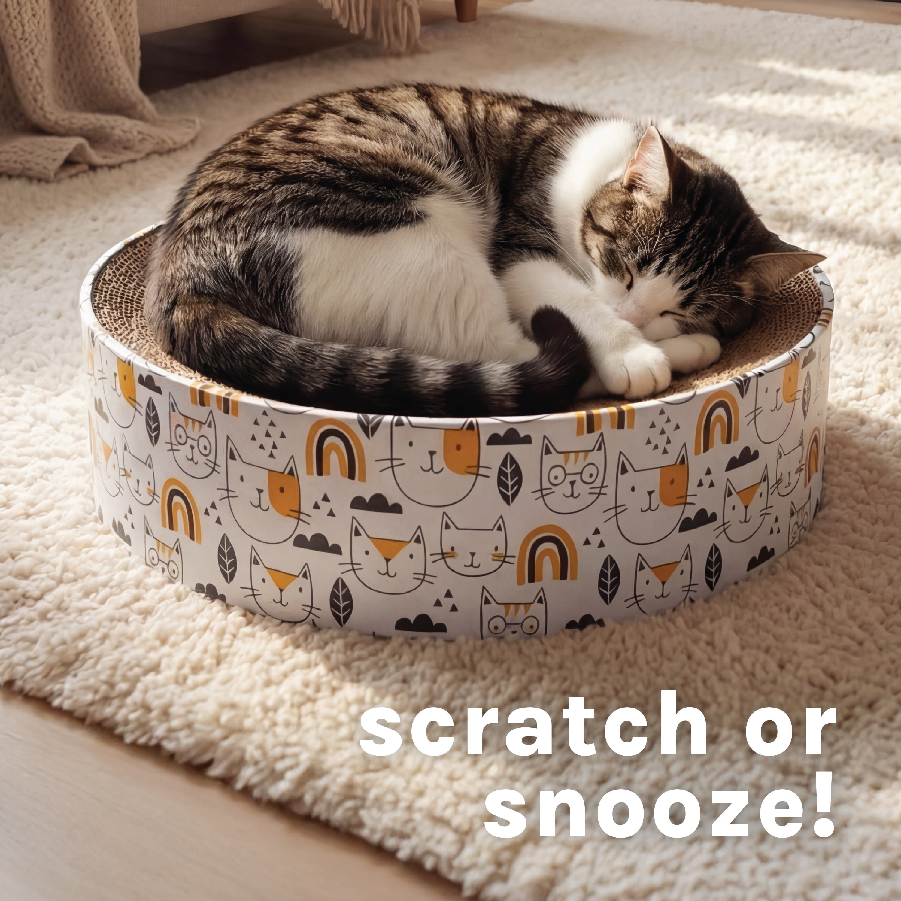 Kitty City Durable Cat Face Print Corrugated Cardboard Cat Scratching Pad Bed, Multicolor